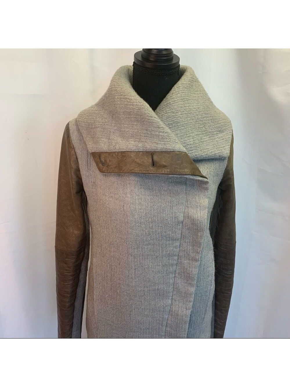 Helmet Lang wool & Lamb Leather brown gray colour block pattern coat Sz XS - Picture 7 of 16